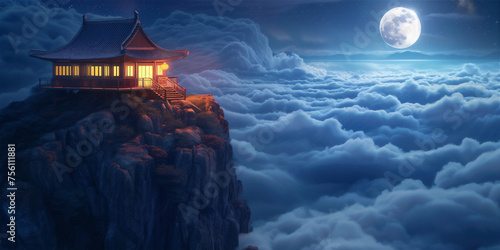 Traditional Chinese house in the edge of rock cliff with sea of clouds in the night with full moon