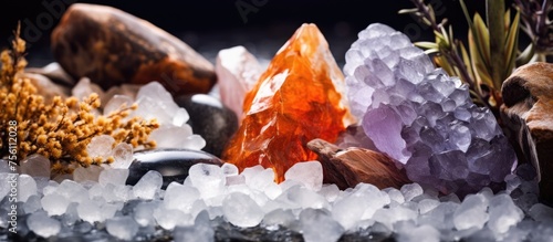 A stack of crystals and rocks perched on a bed of ice  resembling an exquisite natural material dish. This fashion accessory is a stunning display of chemical substances formed over years