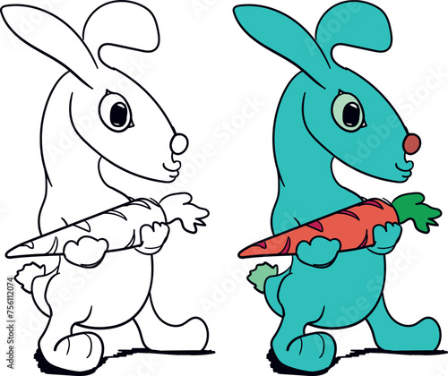 The animal stands and holds a carrot. The animal looks like a mixture of a kangaroo and a rabbit.