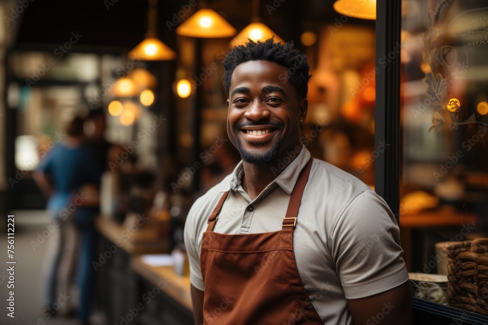 Obraz premium Portrait of happy african american man standing at doorway of cafe or restaurant