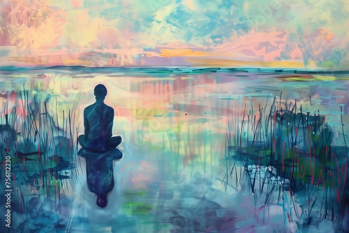 A calming painting of a person meditating by a serene, reflective lake under a pastel sunset sky.
