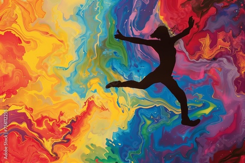 Silhouette Jumping over Colorful Abstract Background 