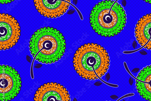 Abstract African Flower on Blue Background, Cultural Fusion in Circle, African Tribal Art in Vivid, Cultural Fusion for Modern Fashion, Ethnic Motifs Vibrant Textile Patterns for Contemporary Art.