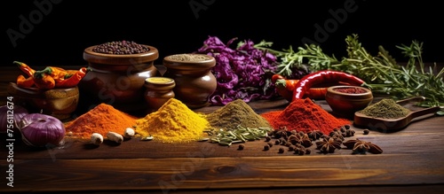 An artfully arranged wooden table showcasing a variety of spices and vegetables  creating a colorful and aromatic landscape fit for a culinary event