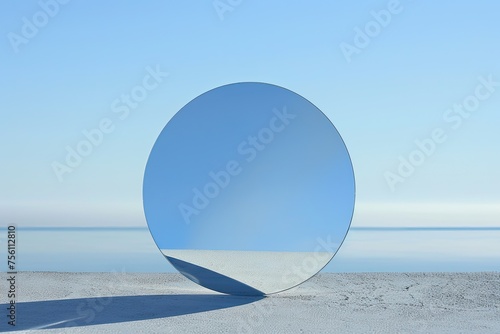 A smooth round mirror reflecting a clear