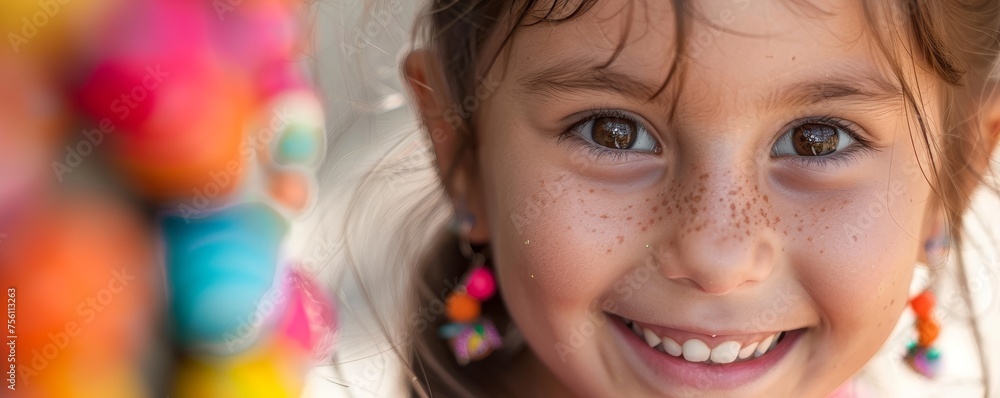 Smiling Brightly, a Young Girl Displays Her Festive Easter Egg Earrings on a Sunny Spring Day Smiling Brightly, a Young Girl Displays Her Festive Easter Egg Earrings on a Sunny Spring Day