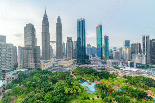 Kuala Lumpur skyline. Aerial view of a green city park
