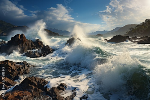 Violent waves clash against rugged rocks in the stormy ocean under a cloudy sky