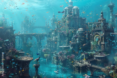 An underwater city with amazing creatures and coral sculptures