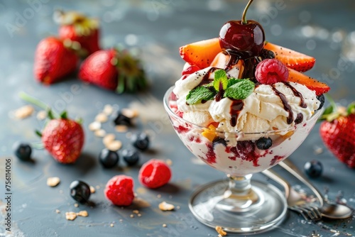 An ice cream sundae decorated with fresh fruit toppings and a cherry on top