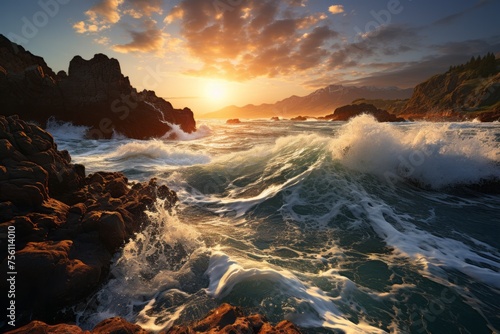 Sunset illuminating rocky shoreline with waves crashing, clouds painting the sky © JackDong