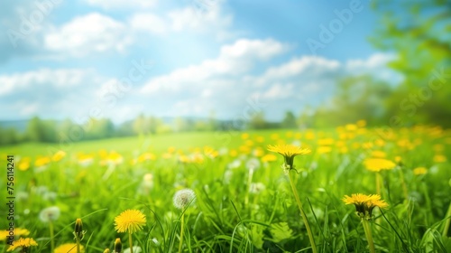 Beautiful meadow field with fresh grass and yellow dandelion flowers in nature against a blurry blue sky with clouds. Summer spring perfect natural la