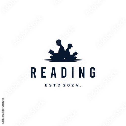 Silhouette of father and son reading a book logo design