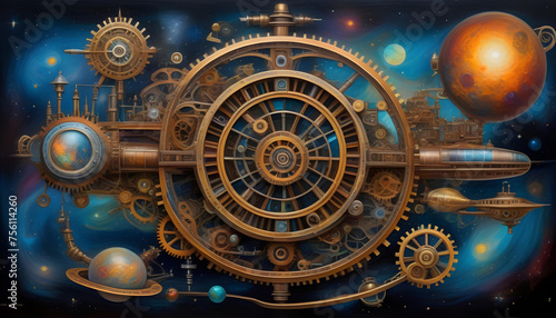 An oil painting of a steampunk galactic map with gears and pipes intertwining with celestial bodies.