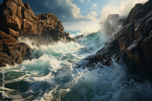 Fluid water crashes against rocky shore in natural landscape