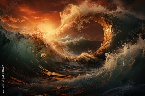 Majestic wave crashes during sunset, painting the sky with vibrant hues photo