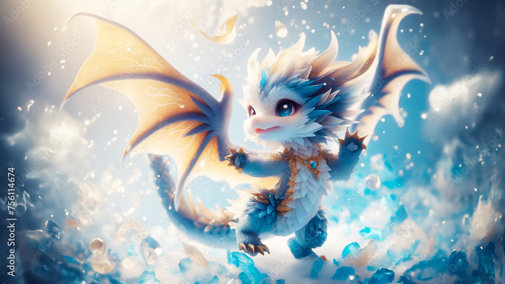 baby dragon dancing in snow, anthropomorphic cute animal with wings, blue and golden cartoon dragon, wall art for home decor, wallpaper for cellphone, mobile smart cell phone background - obrazy, fototapety, plakaty 