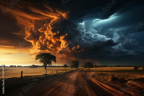 Dark clouds gather over a treelined dirt road, creating a dramatic atmosphere