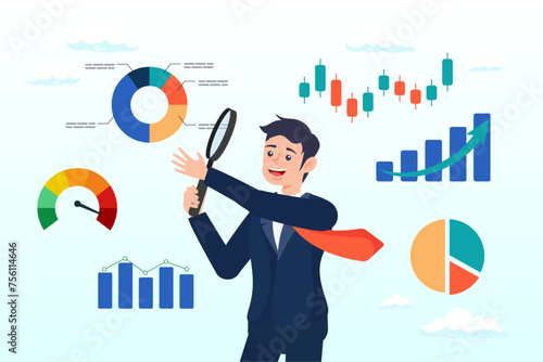 Business man analyse data with magnifying glass, data analysis chart and report, financial research or analyse information for marketing insight, analytics or optimisation diagram (Vector)