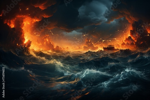 A ship battles stormy seas under a dramatic sky with afterglow on the horizon