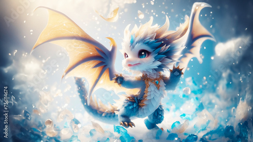 baby dragon dancing in snow, anthropomorphic cute animal with wings, blue and golden cartoon dragon, wall art for home decor, wallpaper for cellphone, mobile smart cell phone background