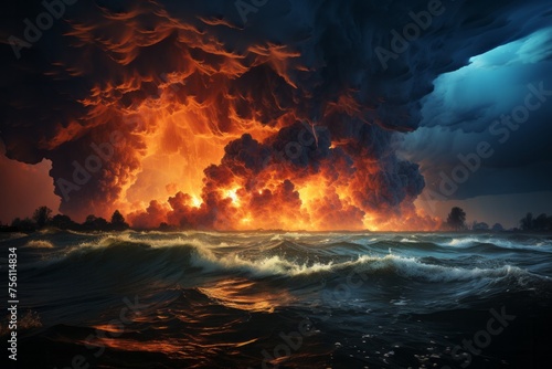 A massive fireball emerges from the ocean, lighting up the dusk sky © JackDong