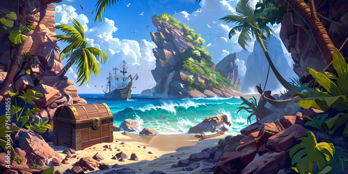 tropical island in the sea, Pirate Pop Up Ui Caribbean Themed Open World Rpg Decorated W Design Art Graphic Frame Card Decor