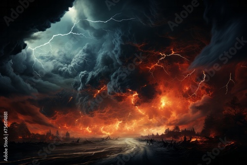 A dramatic painting depicting a storm with lightning and fire in the sky