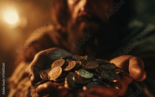 Portrait of Matthew counting the tax money in a payhouse in Capernaum. Christian illustration.