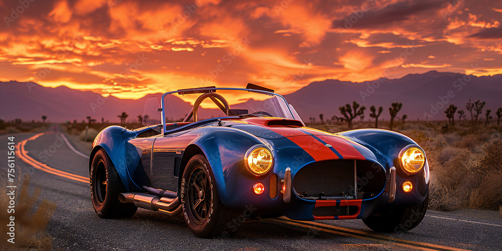 Blue Shelby Cobra Racing with Red Stripes at Dusk