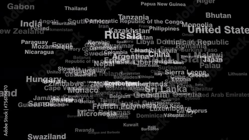 Breaking news country names on black background global coverage worldwide news travel inspiration, tourism marketing