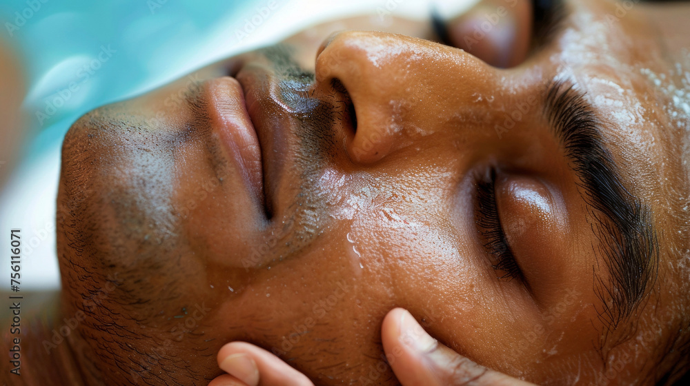 Naklejka premium A closeup of a patients face as they receive a traditional Ayurvedic facial massage with soothing oils and gentle pressure to release tension and improve circulation.