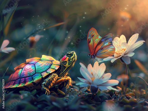 A tiny turtle with a shell painted in bright psychedelic colors befriends a butterfly with transparent wings Together photo