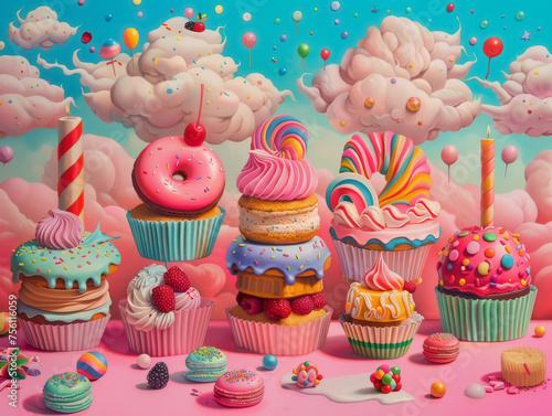 Dreamy vibrant pop surrealism scene of cakes and sweets