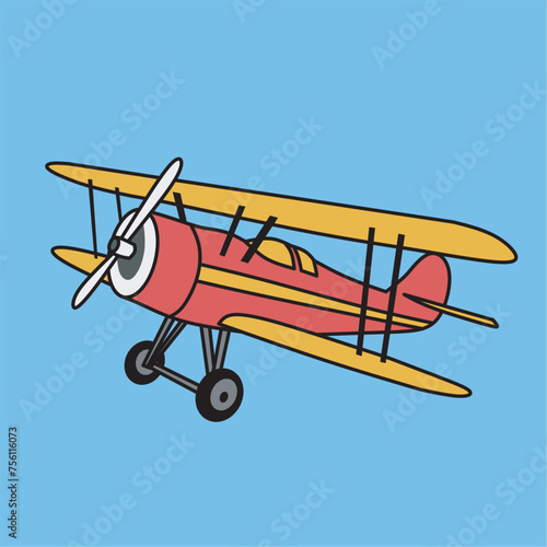 Retro Airplane, Vintage Aircraft flying on blue background. Vector illustration in minimalist design