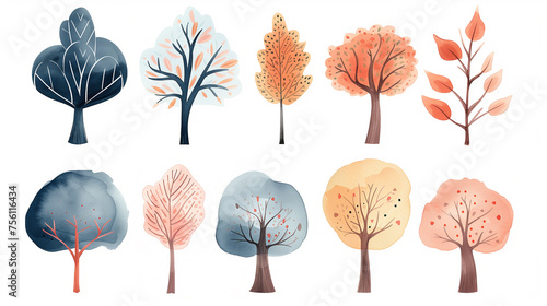 Collection of cute watercolor clipart tree set isolated on a white background