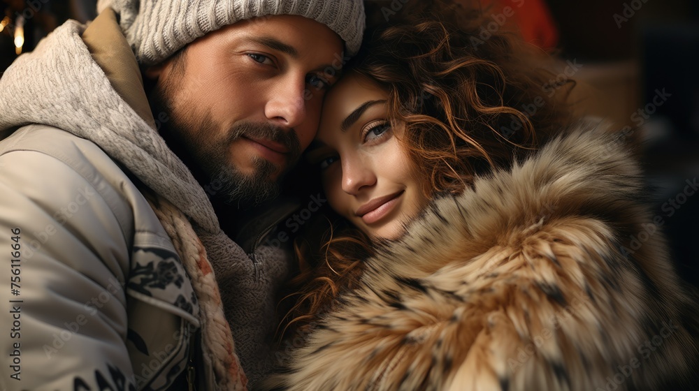 couple hugging in winter dressed in warm coats. Concept of a couple who love each other in a moment of relaxation in winter couple hugging in winter dressed in warm coats. Concept of a couple who love each other in a moment of relaxation in winter