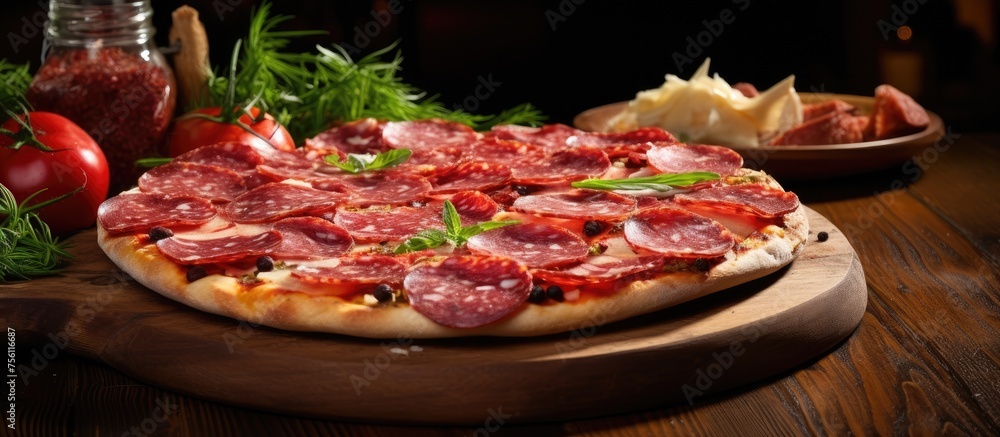 A delicious pizza topped with cheese and ingredients is displayed on a wooden cutting board, placed on a rustic wooden table A delicious pizza topped with cheese and ingredients is displayed on a wooden cutting board, placed on a rustic wooden table