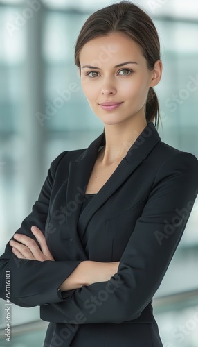 Confident businesswoman with crossed arms in office, blurred background, copy space included