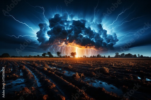 Lightning storm in the sky above natural landscape