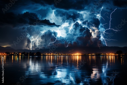A lightning storm illuminates the night sky over a dark lake