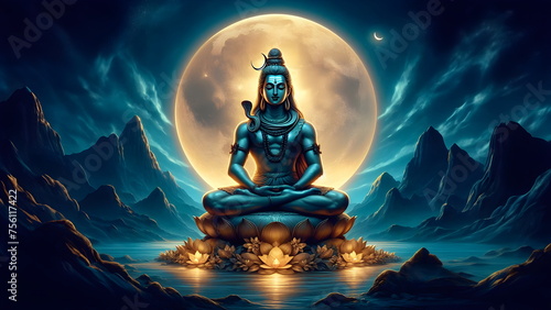 a buddha statue sitting on a rock with the moon in the background, lord shiva