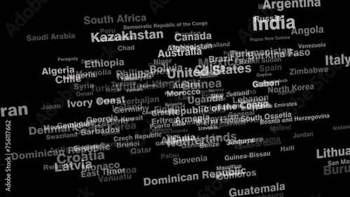 Country names from around world displayed on black background for global discovery and tourism promotion
