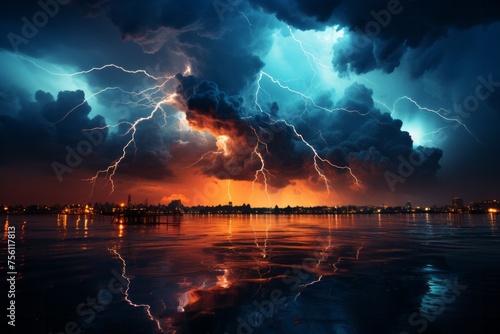 Electric storm above the water, with city skyline in the background