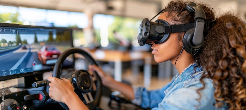 Virtual reality driving school exam  woman in simulator car with steering wheel, copy space for text