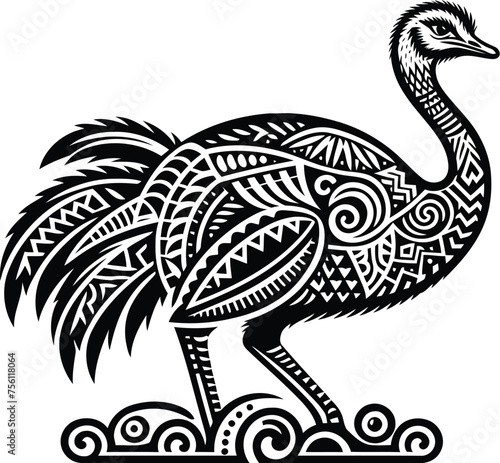 emu, orchid, cassowary, bird, animal silhouette in ethnic tribal tattoo,