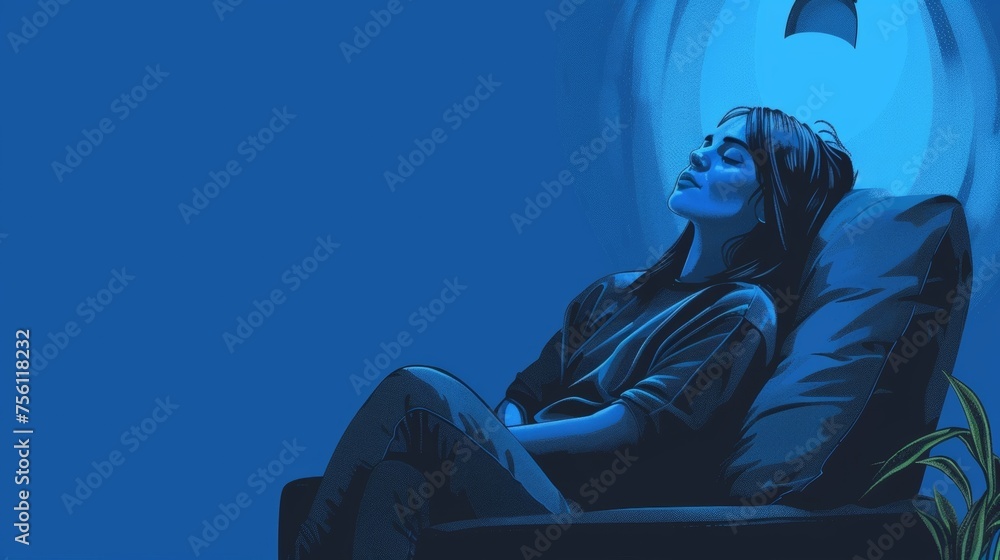 In a quiet corner of the room a girl leans back in a bean bag chair with her eyes closed a contented expression on her face as she takes a break from the blue light and constant - obrazy, fototapety, plakaty 