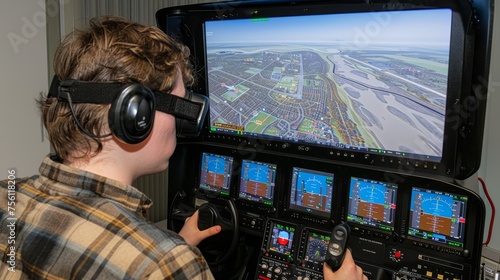 Virtual reality pilot exam at aviation school, man in vr glasses flies aircraft in simulator cabin. photo