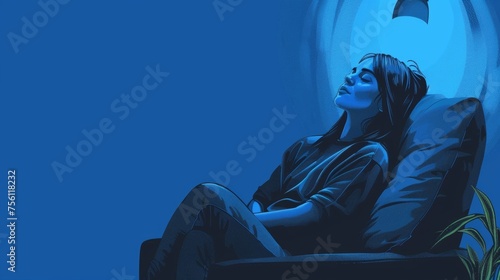 In a quiet corner of the room a girl leans back in a bean bag chair with her eyes closed a contented expression on her face as she takes a break from the blue light and constant photo