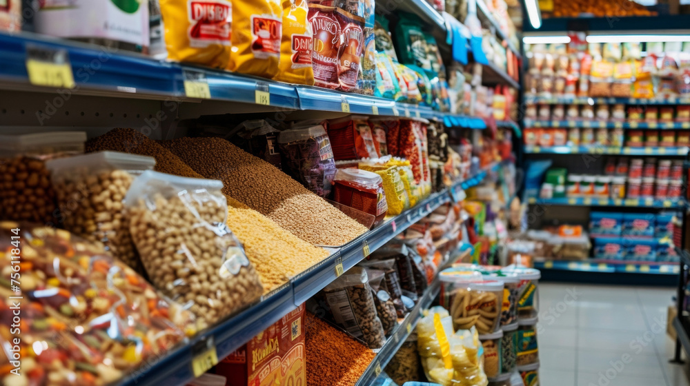 The shelves of a grocery store are filled with an assortment of halal meats grains and dried fruits a reflection of the diverse and delicious meals that will be shared with - obrazy, fototapety, plakaty 
